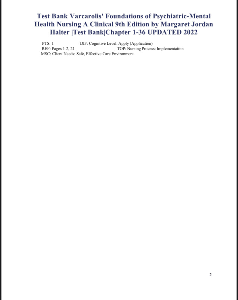 Test Bank Varcarolis’ Foundations of Psychiatric-Mental Health Nursing 9th Edition by Halter